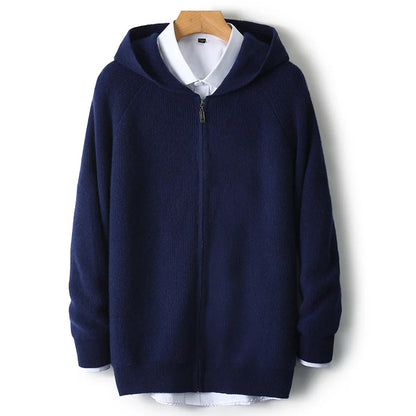 Men's Zip-Up Sweater Grey Merino Wool Hooded Tailored Fit