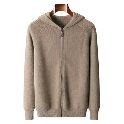 Men's Zip-Up Sweater Grey Merino Wool Hooded Tailored Fit