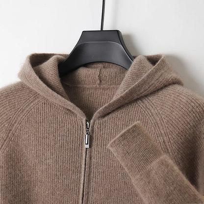 Men's Zip-Up Sweater Grey Merino Wool Hooded Tailored Fit
