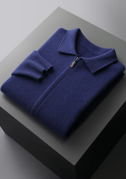 Men's Zip Polo Cardigan Grey Extra-Fine Merino Wool 12