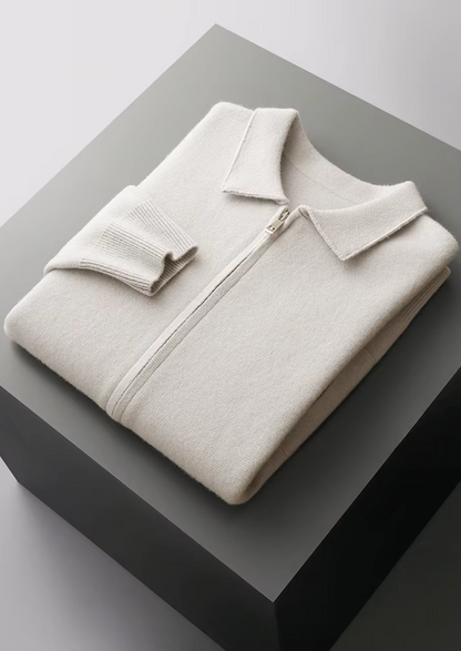 Men's Zip Polo Cardigan Grey Extra-Fine Merino Wool 9