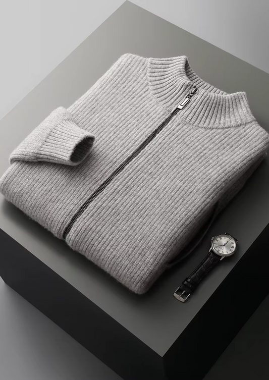 Merino Wool Ribbed Cardigan Gray Extra-Fine