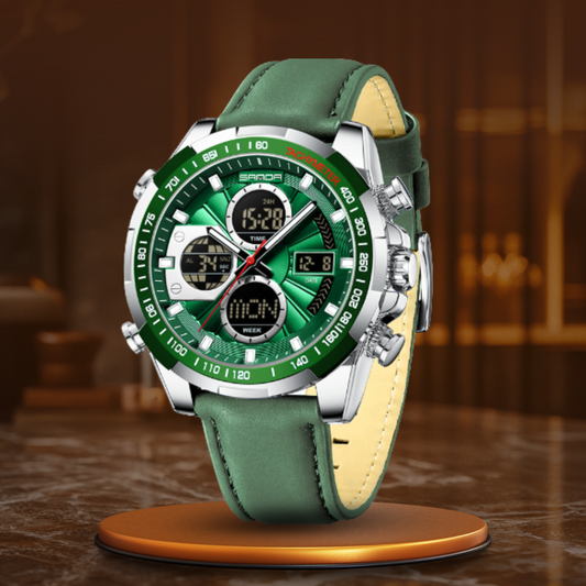 Military Sports Watch for Men with Green Leather Strap, Large Dial, Luminous Hands