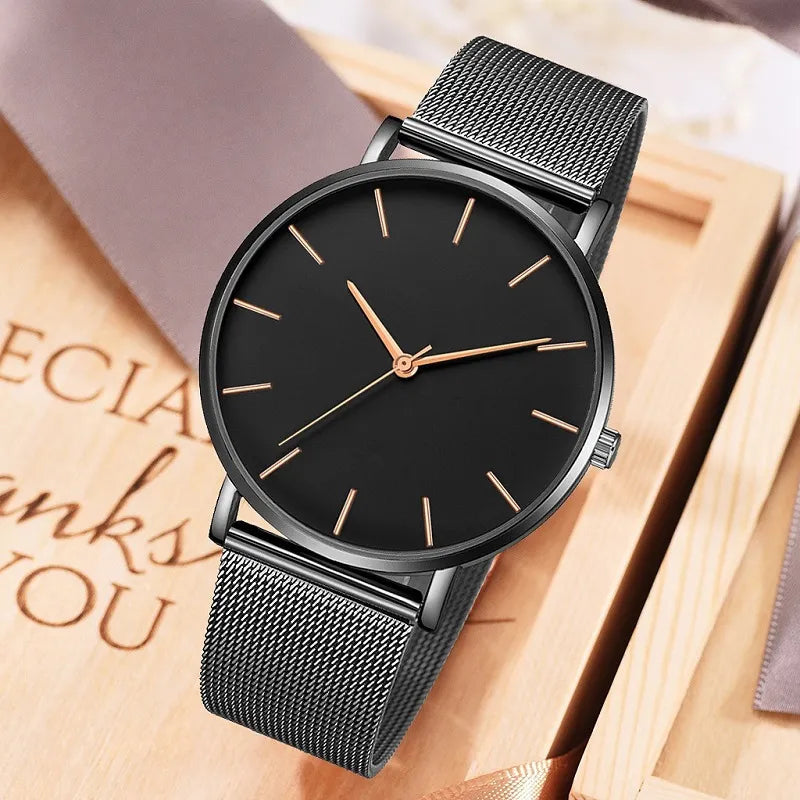Minimalist Quartz Watch with Stainless Steel Mesh Strap – Sleek Design and Water Resistant 1