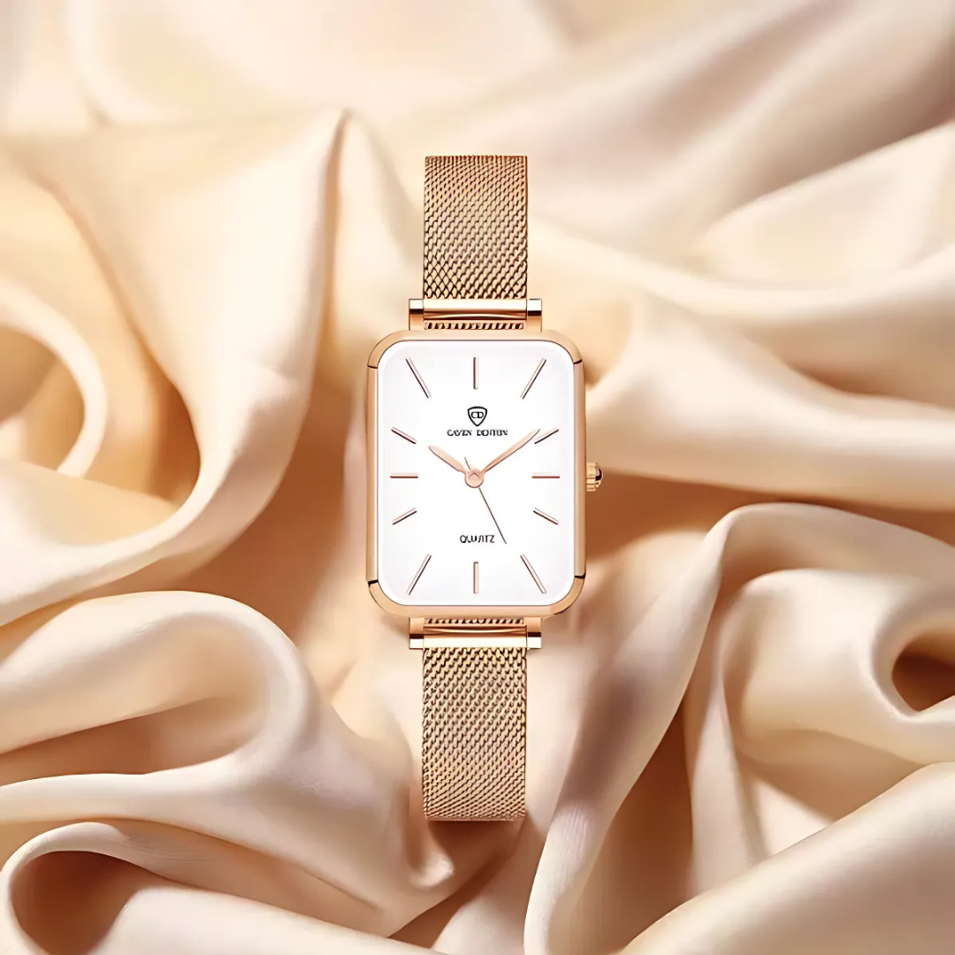 Minimalist Quartz Women's Watch with Square Dial and Mesh Band – Elegant Rose Gold Design, Water Resistant 3ATM 7