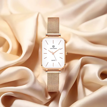 Minimalist Quartz Women's Watch with Square Dial and Mesh Band – Elegant Rose Gold Design, Water Resistant 3ATM 7