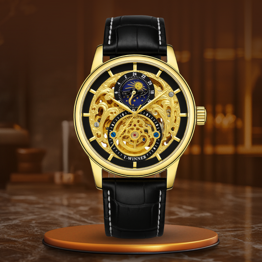 Moon Phase Skeleton Automatic Watch with Gold Finish and Leather Strap – Luxury Timepiece for Men