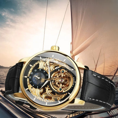 Moon Phase Skeleton Automatic Watch with Gold Finish and Leather Strap – Luxury Timepiece for Men