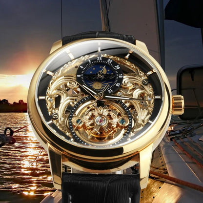 Moon Phase Skeleton Automatic Watch with Gold Finish and Leather Strap – Luxury Timepiece for Men