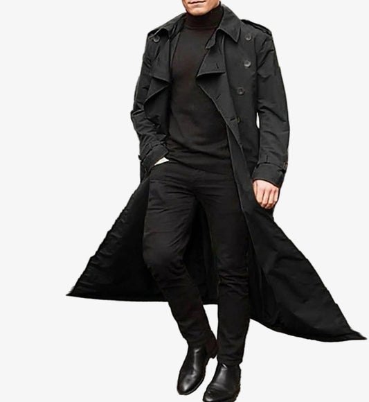 Men's Long Double-Breasted Trench Coat - Stylish & Classic Outerwear for All Seasons, Perfect for Smart Casual Looks