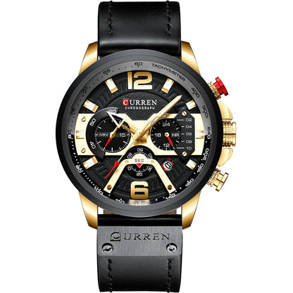 Men’s Military Quartz Chronograph Watch – Leather Band with 24-Hour Sub-Dial