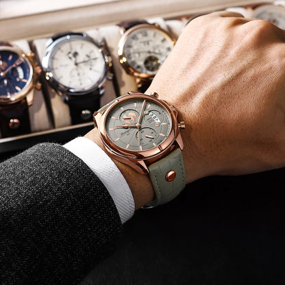 Men’s Round Chronograph Watch – Leather Strap with Luminous Calendar