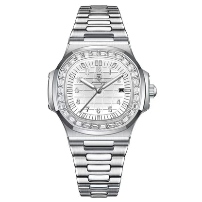 Men’s Square Quartz Watch – Stainless Steel Strap with Luminous Display