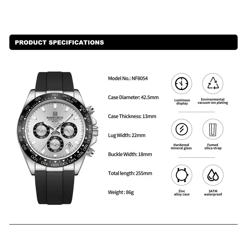 Men’s Sport Quartz Chronograph Watch – Silicone Band with Luminous Hands