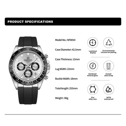 Men’s Sport Quartz Chronograph Watch – Silicone Band with Luminous Hands