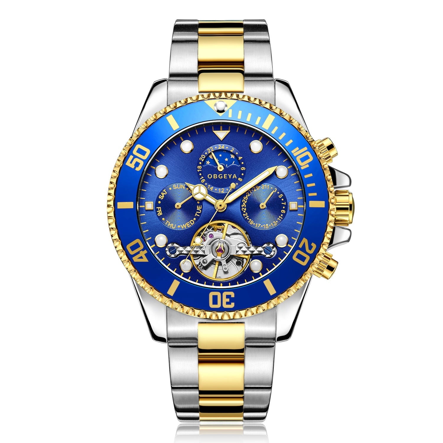 Stainless Steel Automatic Tourbillon Wristwatch with Luminous Hands and Complete Calendar 0