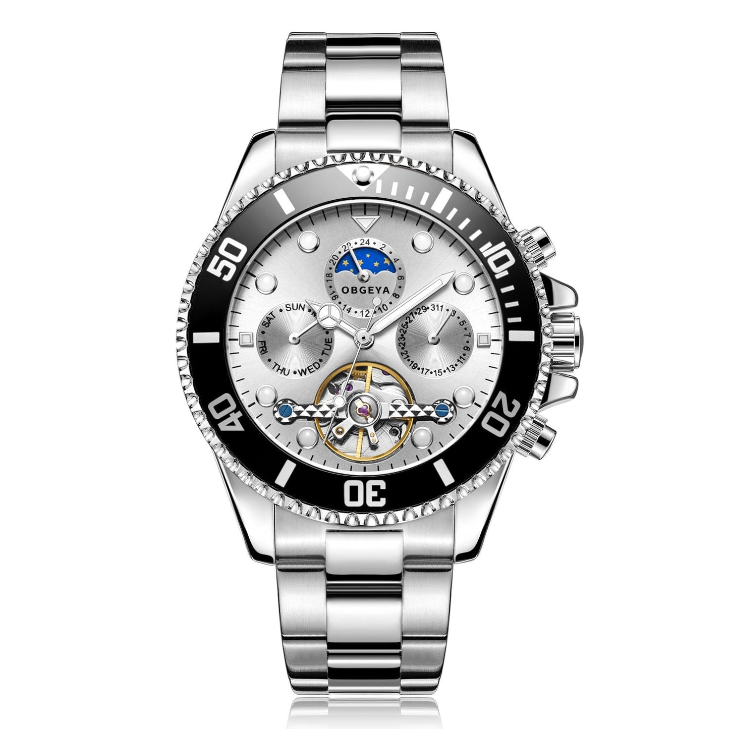 Stainless Steel Automatic Tourbillon Wristwatch with Luminous Hands and Complete Calendar 7