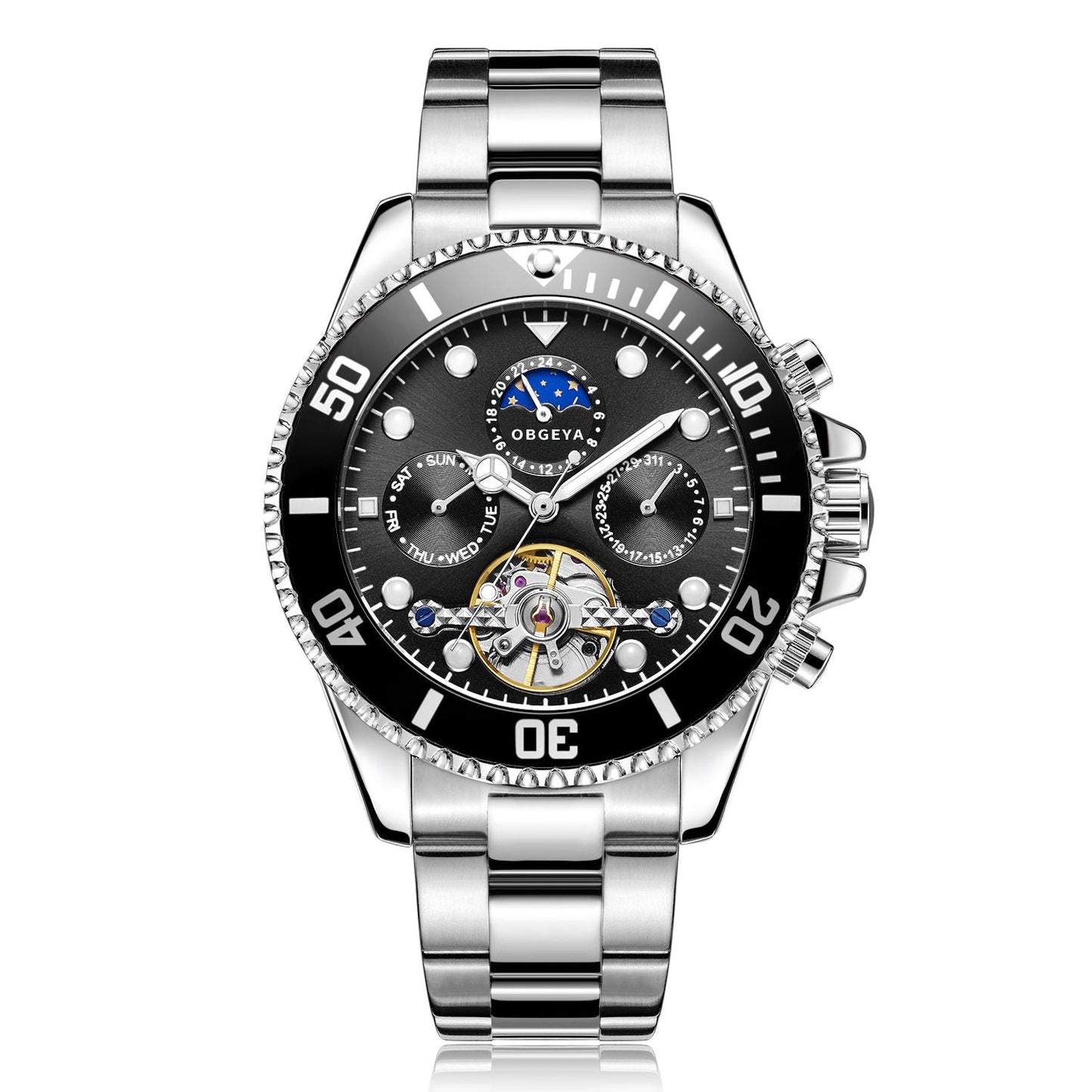 Stainless Steel Automatic Tourbillon Wristwatch with Luminous Hands and Complete Calendar 8