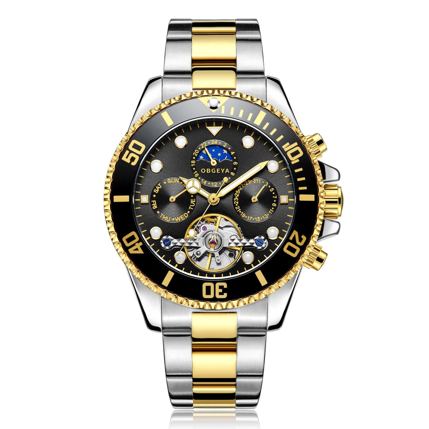 Stainless Steel Automatic Tourbillon Wristwatch with Luminous Hands and Complete Calendar 9