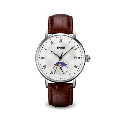Stainless Steel Moon Phase Watch with Sapphire Crystal Dial and Leather Strap – Elegant Men's Timepiece 1