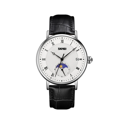 Stainless Steel Moon Phase Watch with Sapphire Crystal Dial and Leather Strap – Elegant Men's Timepiece 10