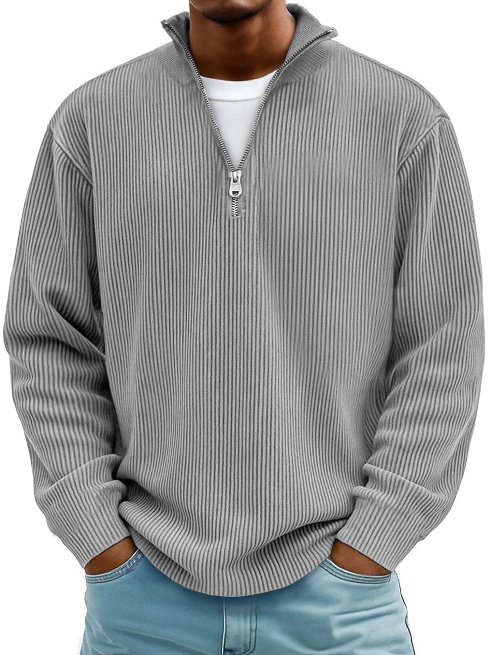 Stylish Sweater Gray Knit Half-Zip