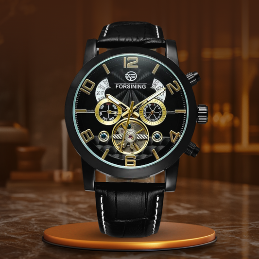 Tourbillon Automatic Mechanical Watch - Elegant Black & Gold Design 0
