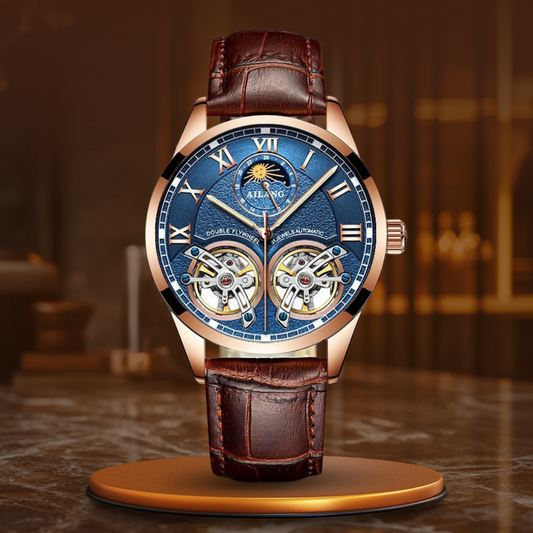 Tourbillon Mechanical Watch with Leather Strap and Moon Phase Display – Elegant Self-Winding Timepiece for Men