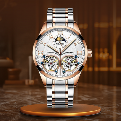 Tourbillon Mechanical Watch with Leather Strap and Moon Phase Display – Elegant Self-Winding Timepiece for Men