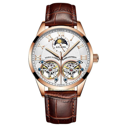 Tourbillon Mechanical Watch with Leather Strap and Moon Phase Display – Elegant Self-Winding Timepiece for Men