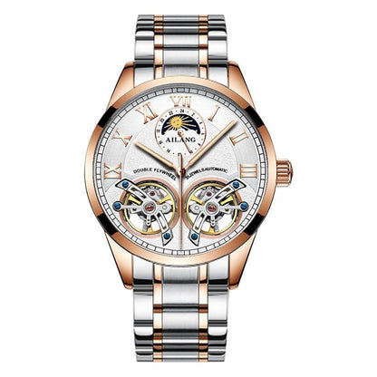 Tourbillon Mechanical Watch with Leather Strap and Moon Phase Display – Elegant Self-Winding Timepiece for Men
