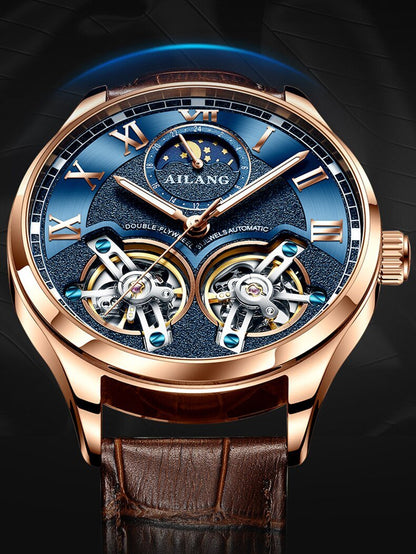 Tourbillon Mechanical Watch with Leather Strap and Moon Phase Display – Elegant Self-Winding Timepiece for Men