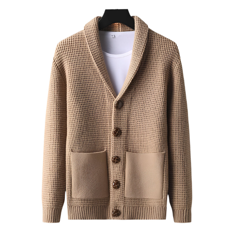 Men's Cardigan Beige Wool Blend Open-Chest with Pockets