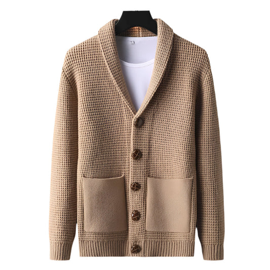 Men's Cardigan Beige Wool Blend Open-Chest with Pockets
