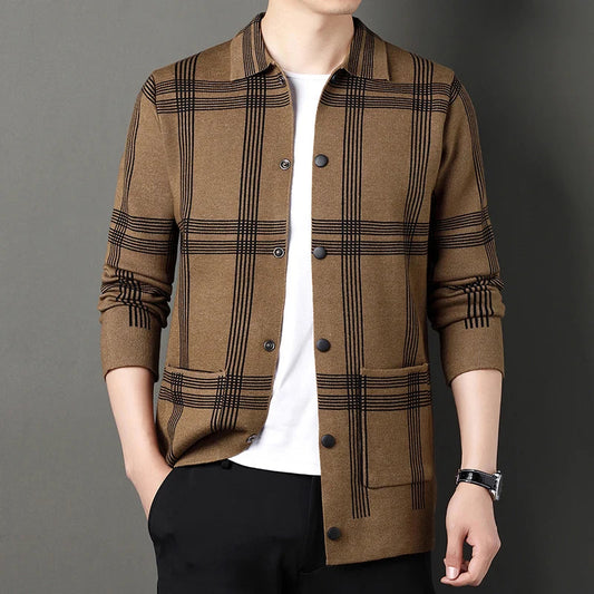 Men's Cardigan Black Viscose Blend Lattice Design
