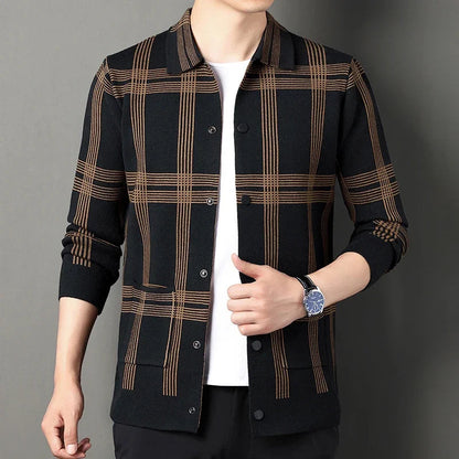Men's Cardigan Black Viscose Blend Lattice Design