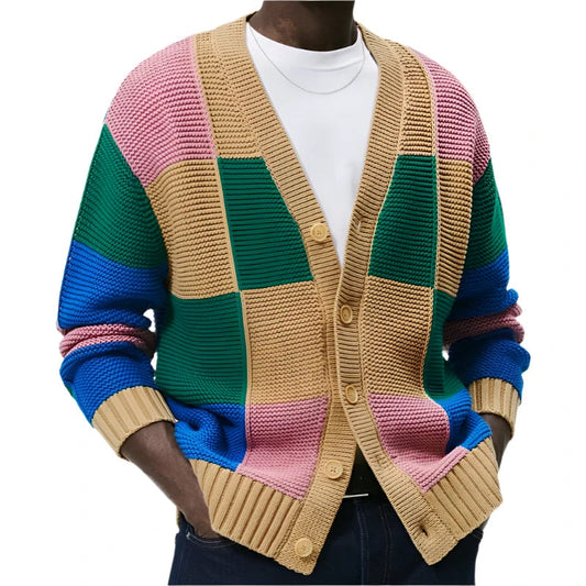 Men's Colorblock Cardigan Multicolor Acrylic Cotton