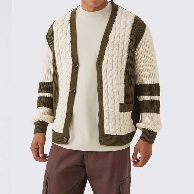 Men's Long Cardigan Striped Melange Acrylic