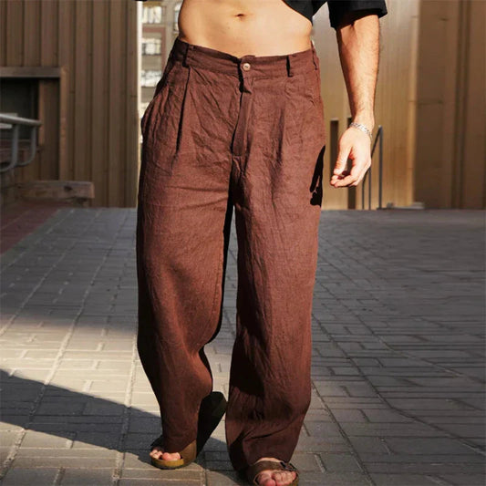 Men's Wide Leg Pants Beige Linen
