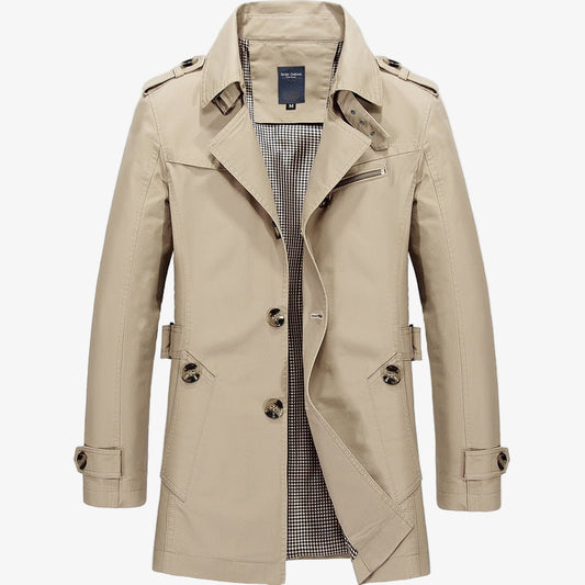Stylish Mid-Length Double-Breasted Trench Coat for Men - Classic Button Design, Perfect for All Seasons and Occasions